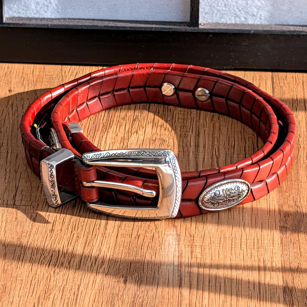 Brighton Red Brown Braided Leather Belt Silver Conchos Engraved Buckle 33" E